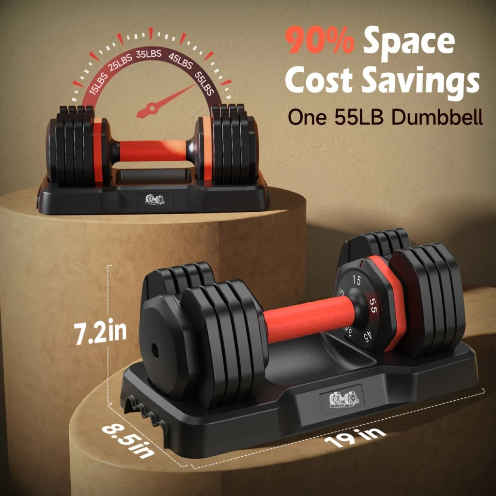 "Adjustable Dumbbell 55LB – Compact size with 7.2in height, 8.5in width, and 19in length – Space-saving home gym equipment"