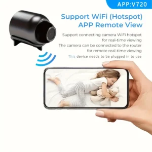 "WiFi camera showing remote viewing via smartphone app with a sleeping child on screen, supports hotspot and router connection"