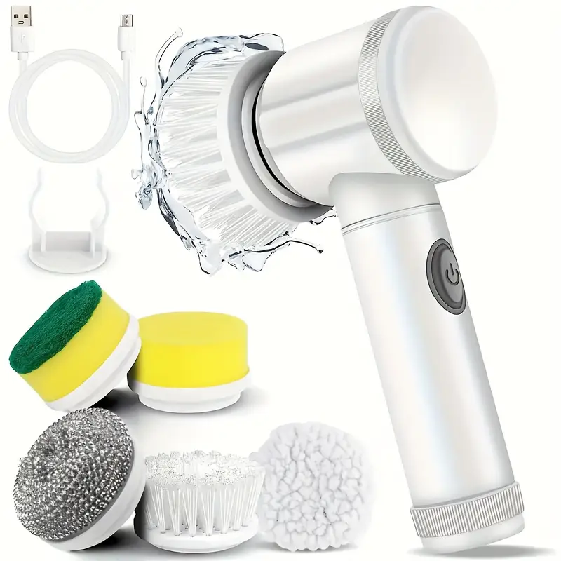 Portable electric cleaning brush set with multiple detachable heads, ideal for kitchen and bathroom cleaning