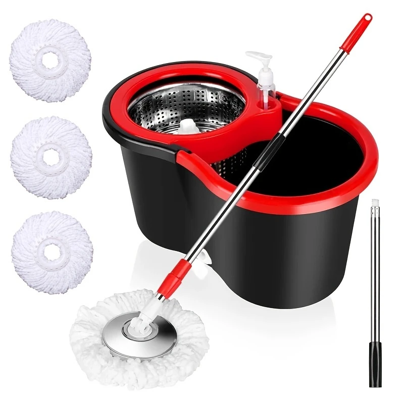 "360° spin mop and bucket set with extra mop heads for home floor cleaning"