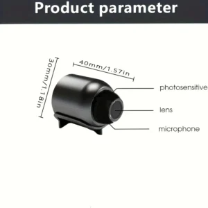 "Diagram showing 1080P mini security camera dimensions and components: lens, microphone, photosensitive sensor"