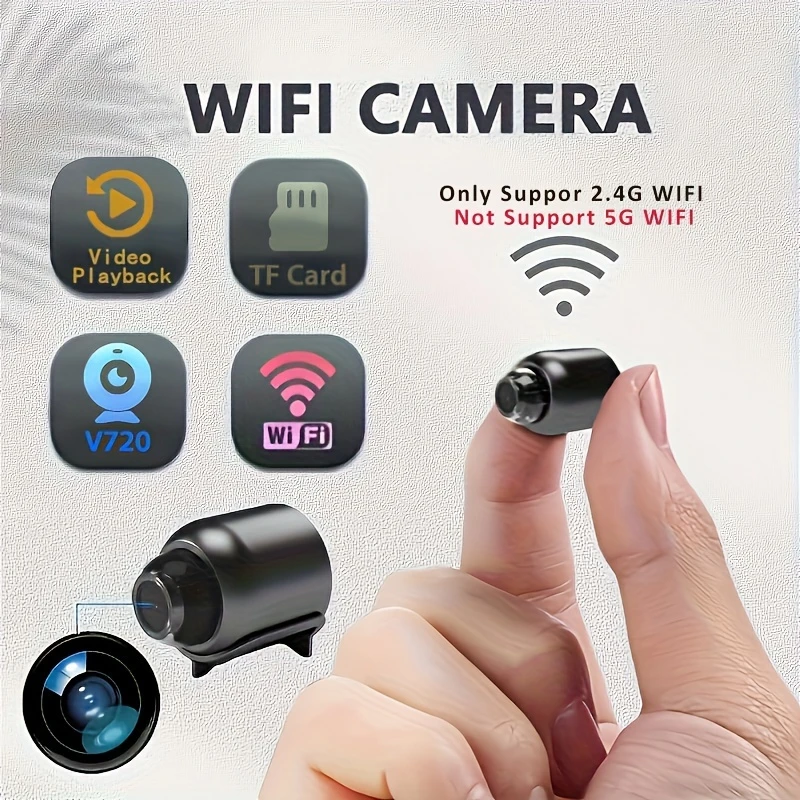"Compact WiFi security camera with TF card support and 2.4G WiFi connectivity"