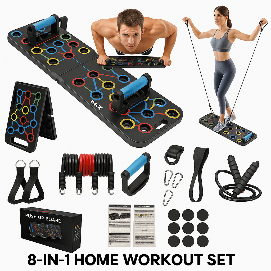 Foldable push-up board set with bands, handles, and jump rope for home workouts