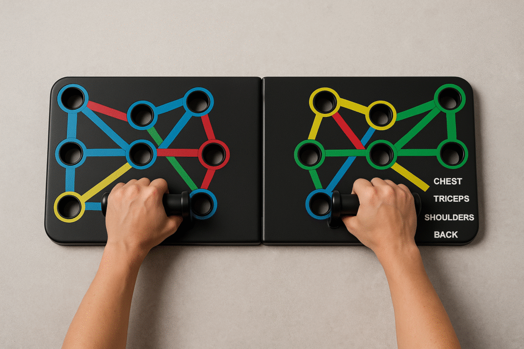 Hands gripping a foldable push-up board on blue slots, showing color-coded positions for chest, triceps, shoulders, and back training at home