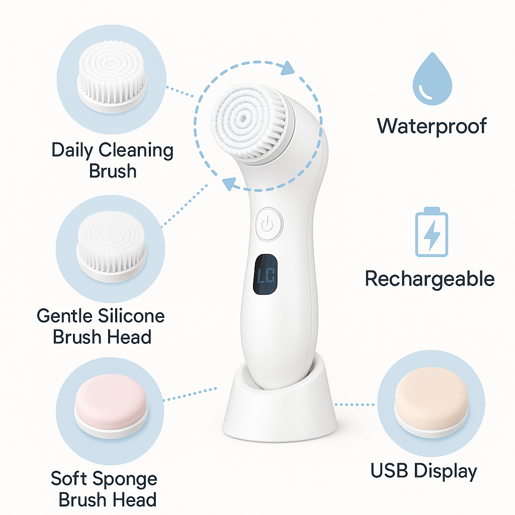 Rechargeable facial cleansing brush with four interchangeable brush heads, waterproof design, ergonomic handle, and USB display – ideal for daily skincare routines.