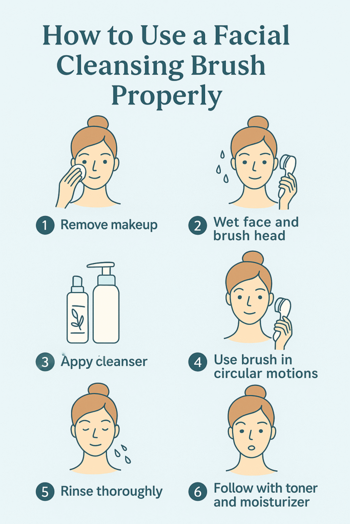 Step-by-step guide showing how to use a facial cleansing brush properly — including makeup removal, wetting the face, applying cleanser, using circular motions, rinsing, and moisturizing.