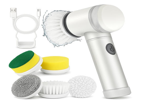 Electric cleaning brush kit with 5 replaceable heads – ideal for kitchen and bathroom cleaning.