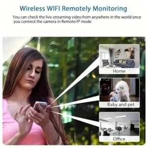 "Woman using smartphone to remotely monitor home, baby and pet, and office through a WiFi security camera app"