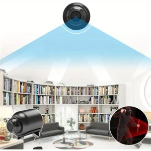 "Mini security camera installed in a living room showing wide-angle coverage and motion detection against intruders"