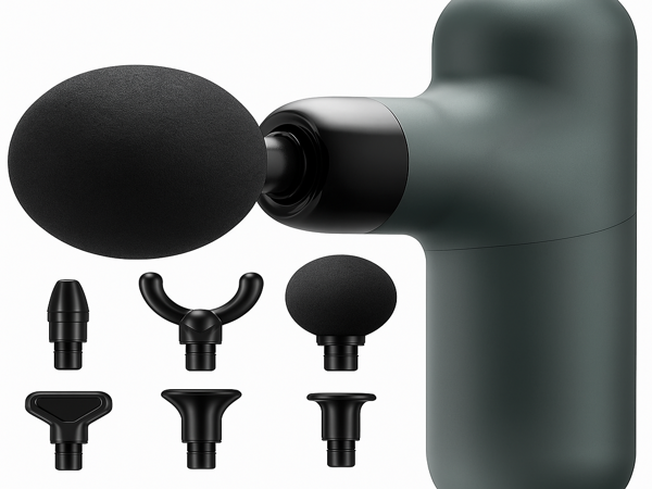 Massage gun with six interchangeable heads – designed for muscle recovery, deep tissue relief, and travel-friendly use