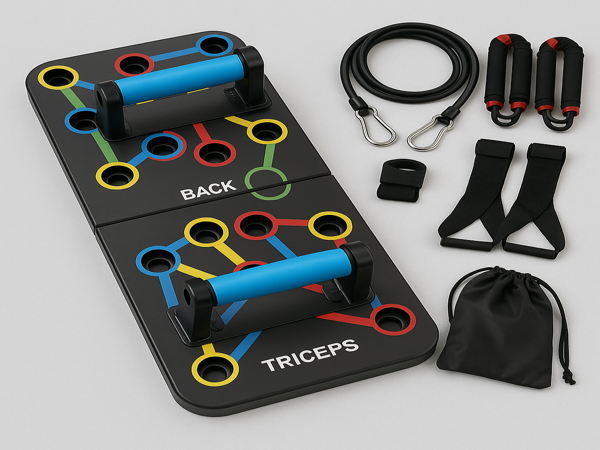 Foldable push up board with resistance bands and accessories for upper body home workout