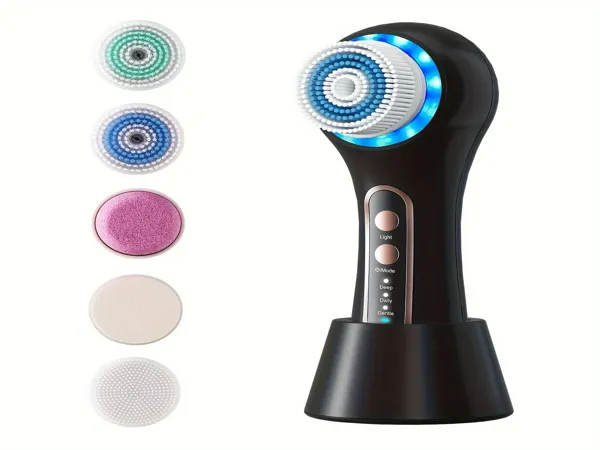 Rechargeable facial cleansing brush with 5 interchangeable brush heads – deep cleaning tool for all skin types.