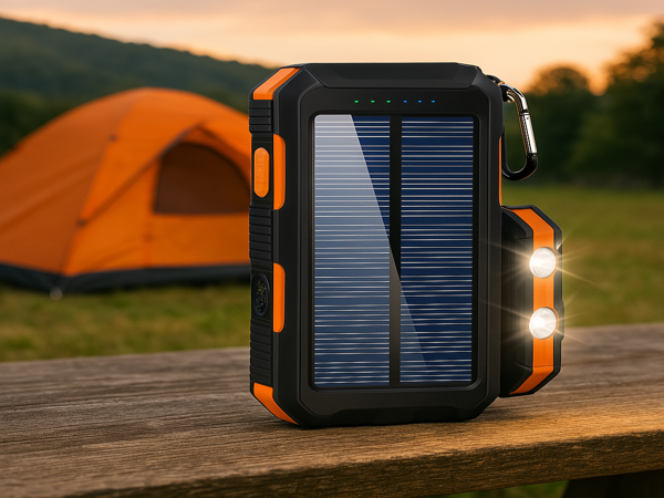 "High-capacity solar power bank designed for outdoor use, perfect for campers and hikers."