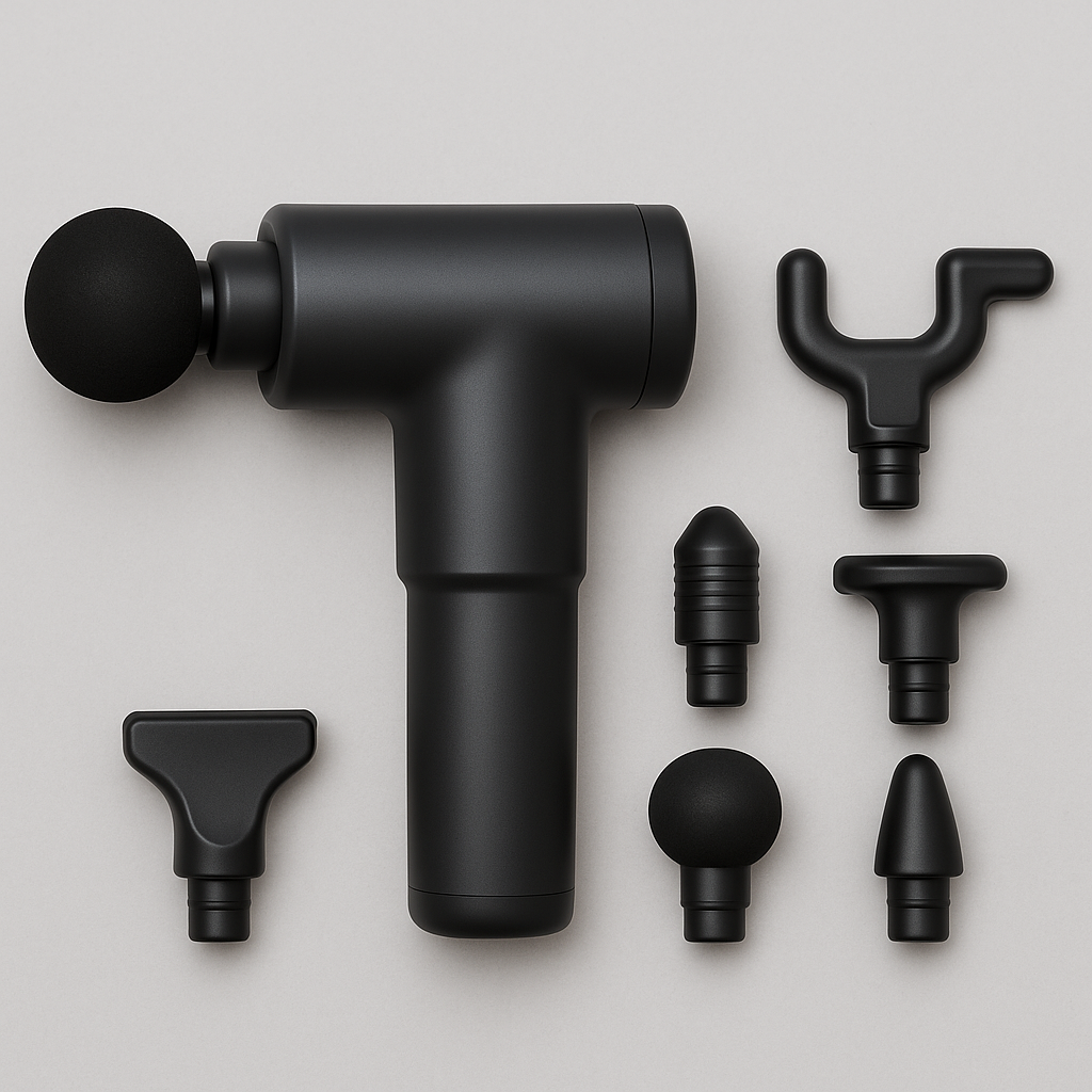"Portable massage gun with six interchangeable heads on a light gray background – ideal for deep tissue massage and muscle recovery."