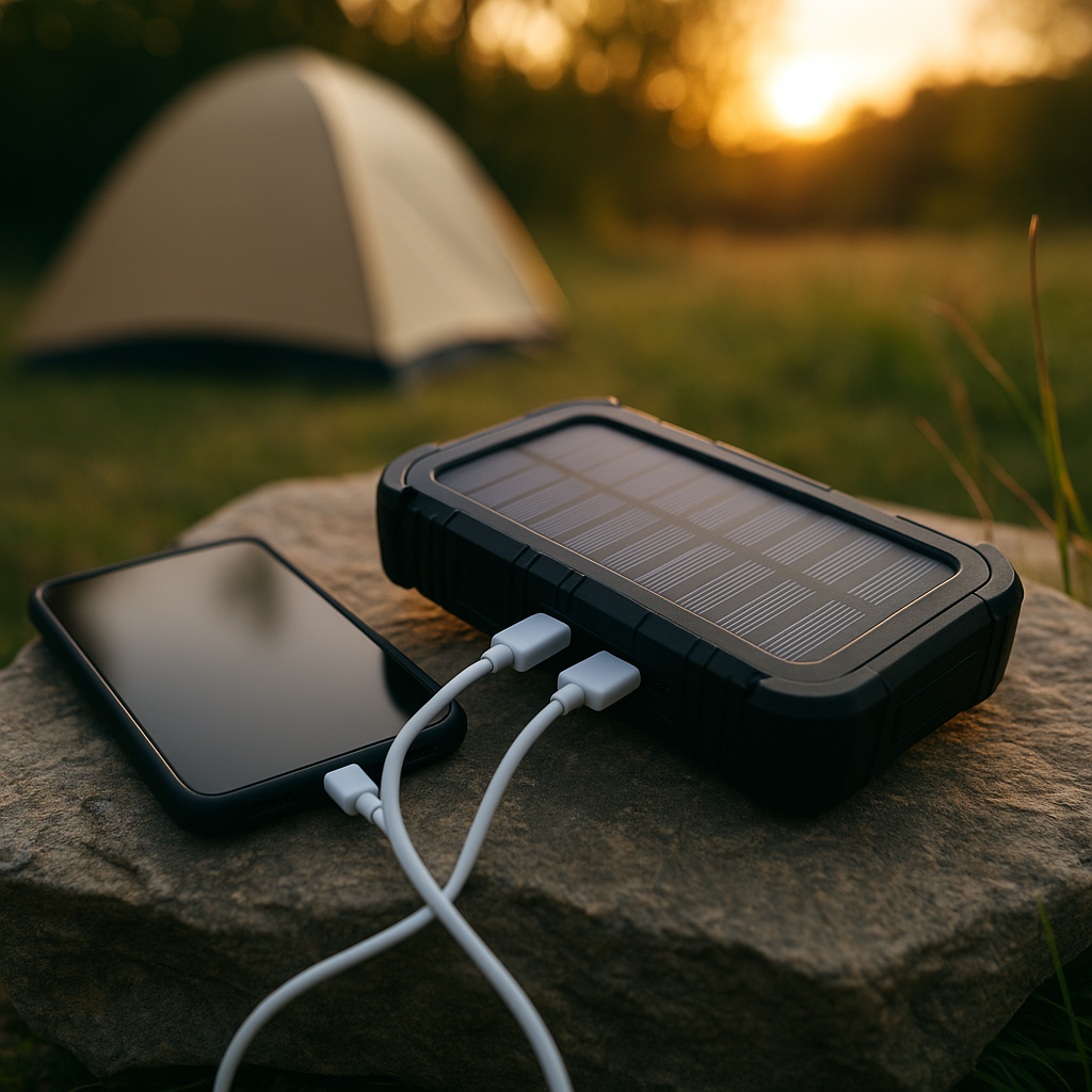 Solar power bank charging on a rock under sunlight during a hike