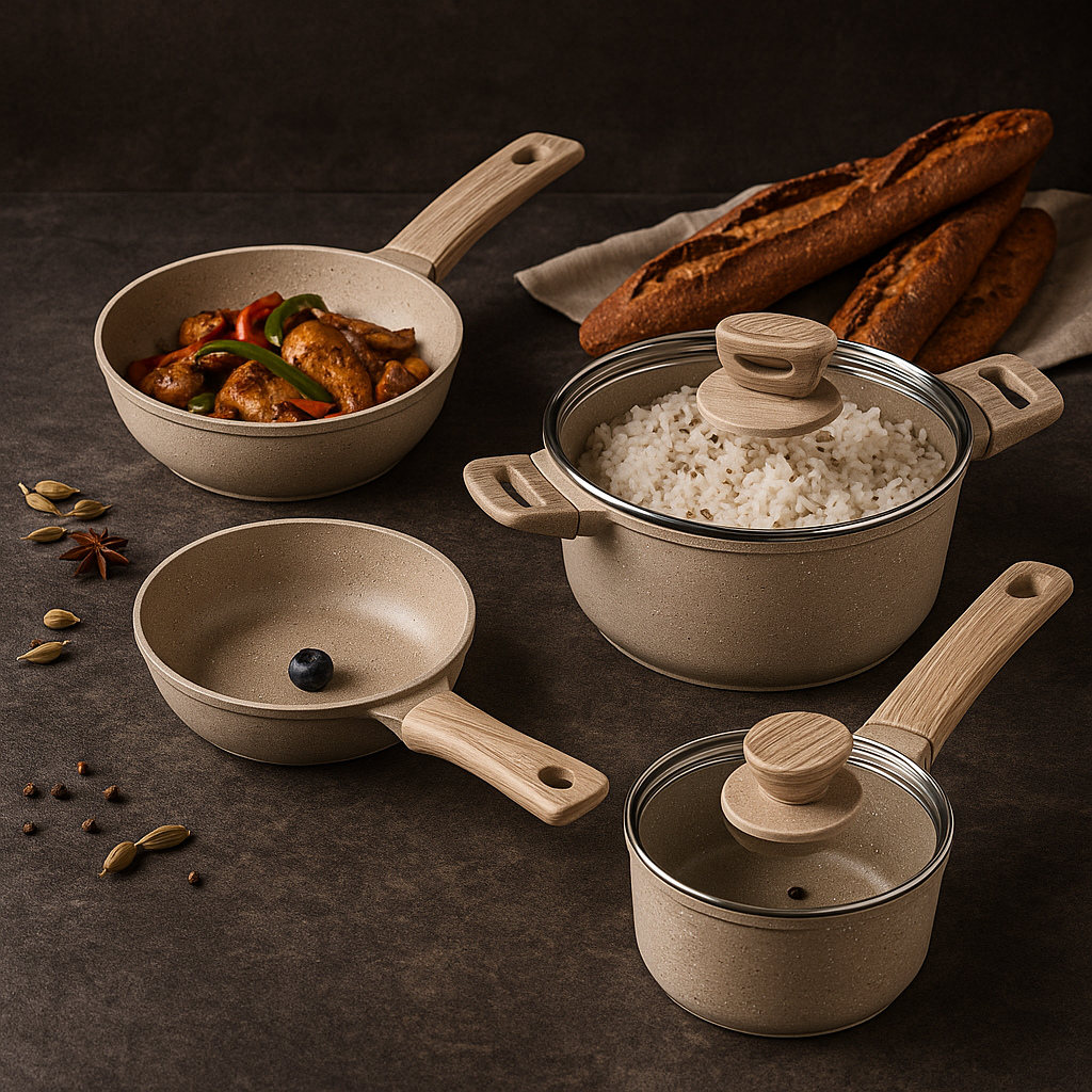 Carote nonstick granite cookware set on dark countertop
