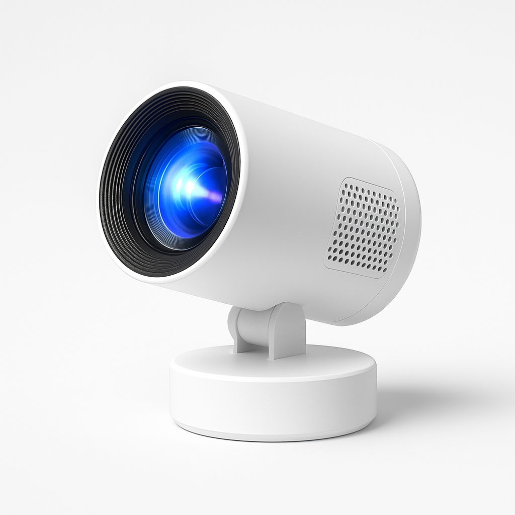 Rechargeable mini projector for home use – compact, wireless design with blue lens.