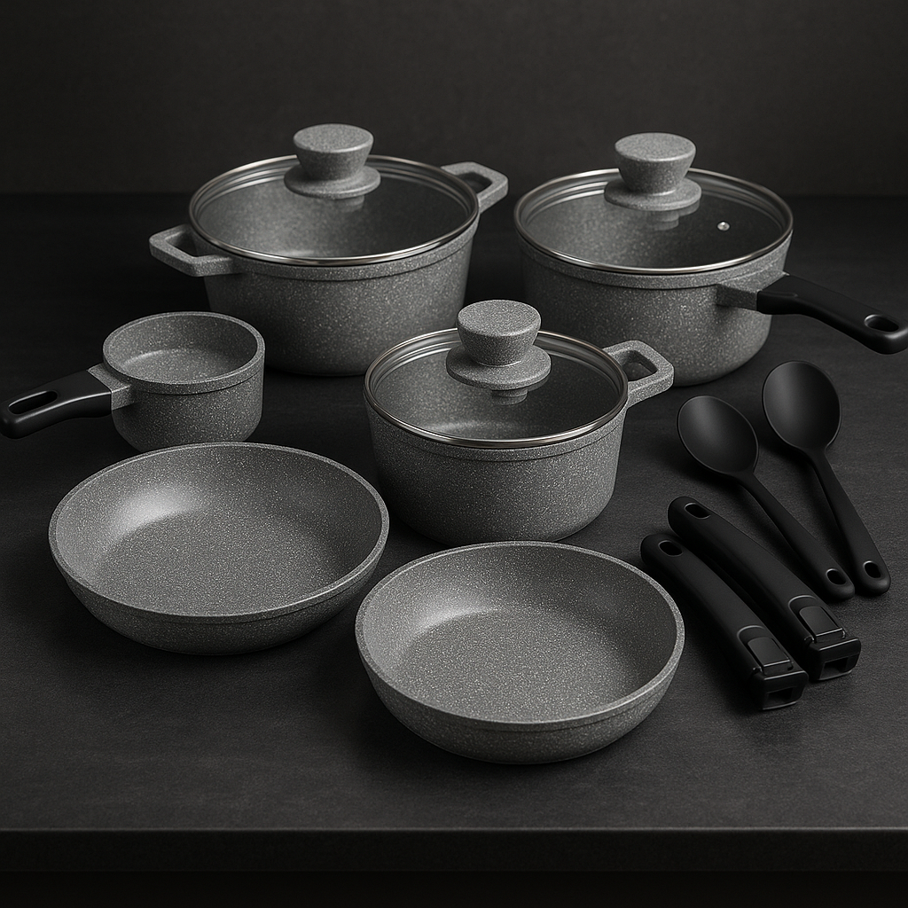 Granite nonstick cookware set with removable handles and utensils on kitchen counter – clean granite nonstick cookware
