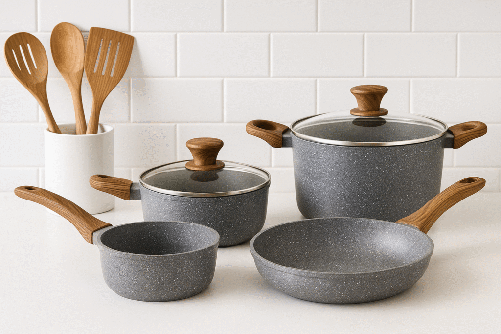 Granite nonstick cookware set with wooden handles and utensils – maintain nonstick pots and pans