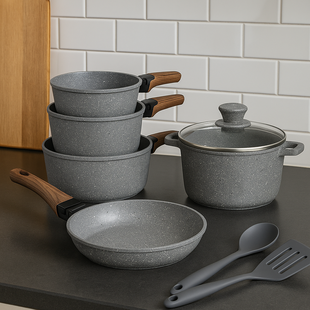 Granite nonstick cookware set with wood-look handles and utensils – clean granite nonstick cookware