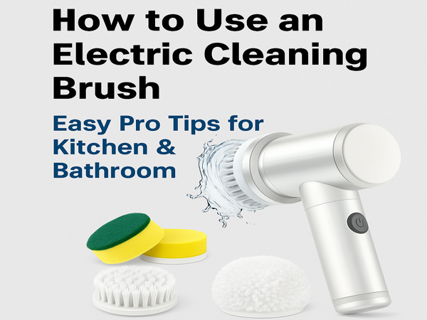Electric cleaning brush with detachable heads – tips guide cover for kitchen and bathroom use.
