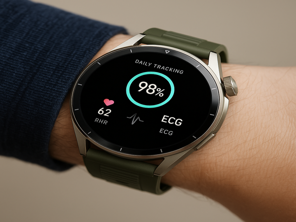Huawei Watch GT 4 Pro smartwatch showing ECG and heart rate tracking on wrist