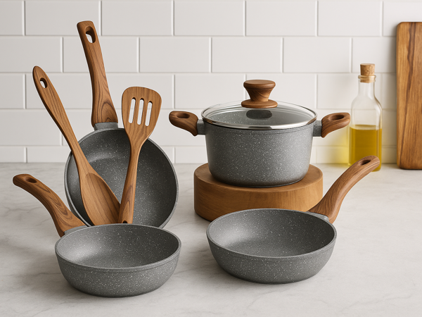 Clean granite nonstick cookware set with wooden handles on kitchen counter – maintain nonstick pots and pans