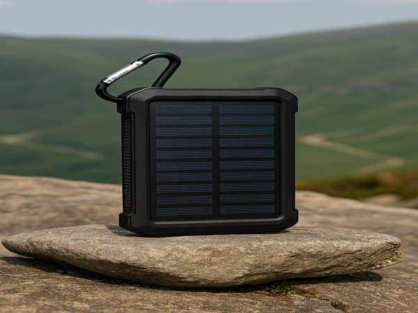 "Portable solar power bank charging a smartphone outdoors on a wooden table, with sunlight and nature in the background."